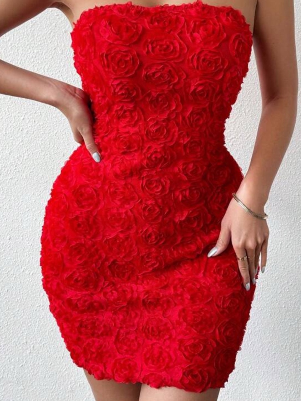 Red Floral Rosette Strapless Mini Dress